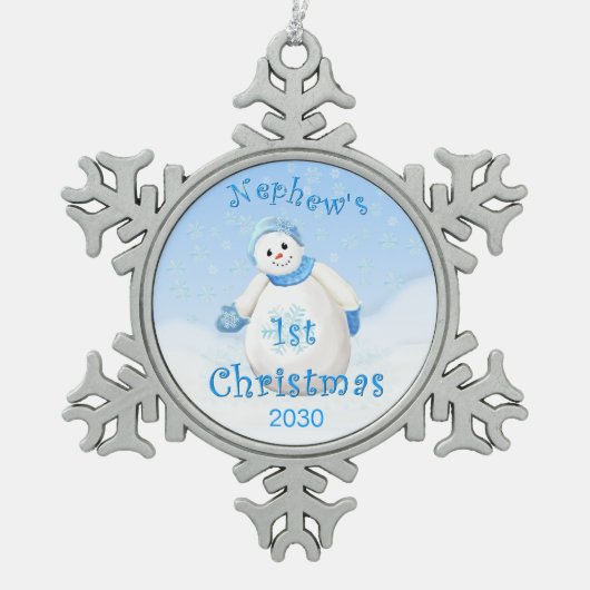 甥の第1クリスマスの記念品 スノーフレークピューターオーナメント (正面)