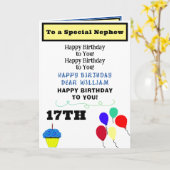 甥の誕生日バルーン青いカップケーキ名 カード (黄色い花)