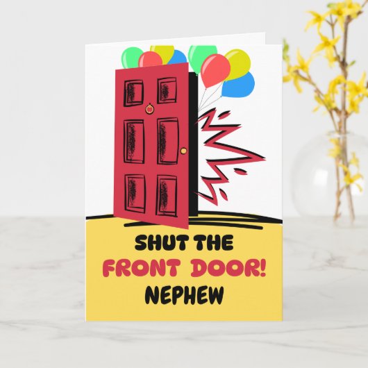 甥の誕生日フロントドアを閉めた カード (黄色い花)