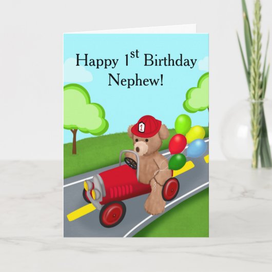 甥の1歳の誕生日テディベアファイアートラック カード (正面)