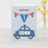甥の1歳の誕生日ブルーパトカー カード (黄色い花)