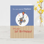 甥1stテディベアバルーン誕生日 カード (黄色い花)