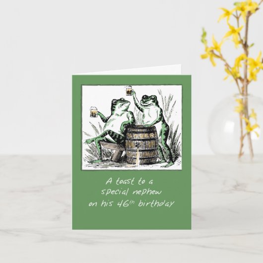 甥46誕生日カエルToasting with Beer カード (黄色い花)