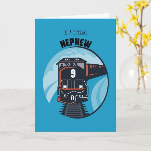 甥9誕生日列車リトルボーイ青 カード (黄色い花)