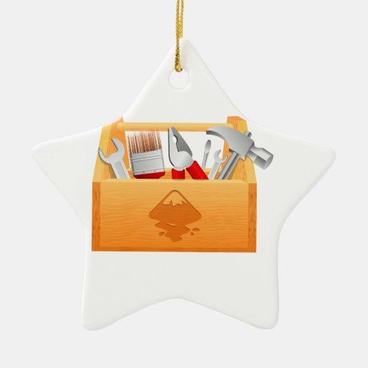 用具が付いている木の道具箱 セラミックオーナメント (正面)