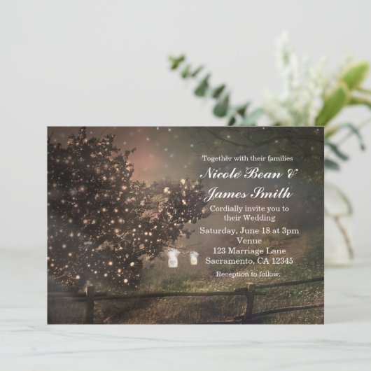 田園の灯りがついた木の結婚式招待状 招待状 (スタンド正面)