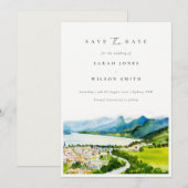 田園湖畔の村の風景 水彩画 セーブザデート (正面/裏面)