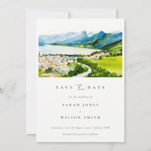 田園湖畔の村の風景 水彩画 セーブザデート (正面)