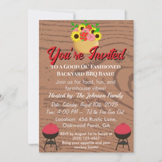 田園風のファームハウススタイルのBBQカード　夏の裏庭でのピクニック 招待状 (正面)