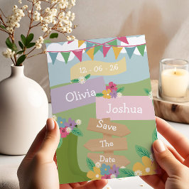 田園風のワイルドフラワーとペーパーバンテイングのSave The Date 招待状