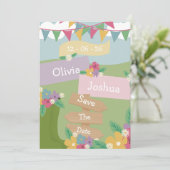 田園風のワイルドフラワーとペーパーバンテイングのSave The Date 招待状 (スタンド正面)