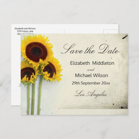 田園風ウェディングひまわりSave the Dateカード インビテーションポストカード (正面/裏面)