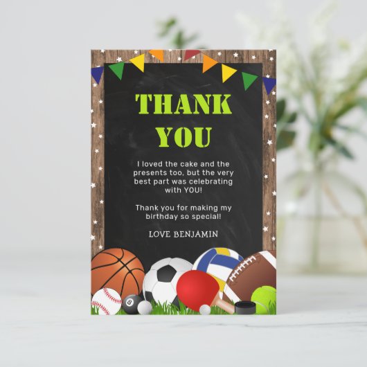 田園風スポーツテーマの子供の誕生日 サンキューカード (スタンド正面)