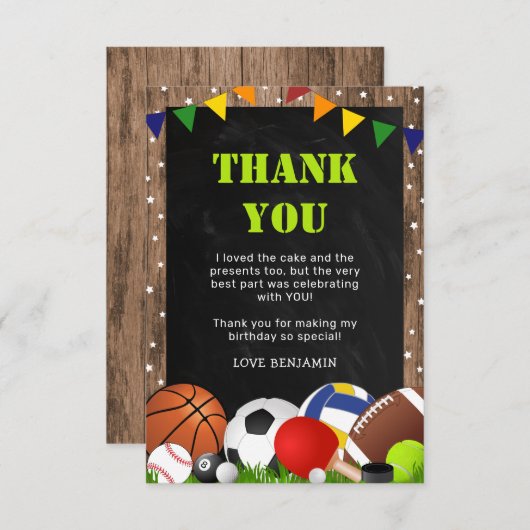 田園風スポーツテーマの子供の誕生日 サンキューカード (正面/裏面)