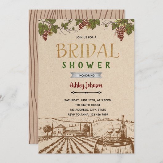 田園風ワイナリーの結婚前お披露目パーティーの招待状 招待状 (正面/裏面)