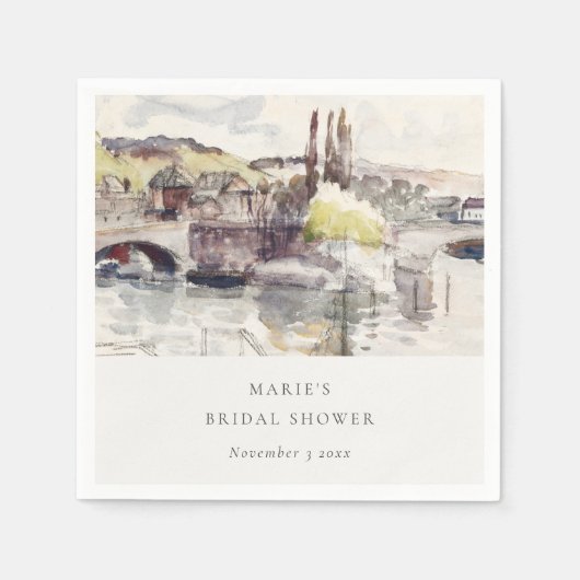 田園風景の橋のほとりの花嫁シャワー スタンダードカクテルナプキン (正面)
