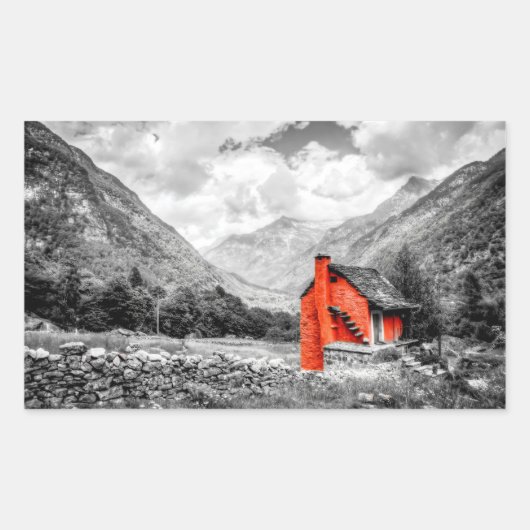 田園風景モノクロ写真 長方形シール (正面)