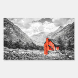 田園風景モノクロ写真 長方形シール