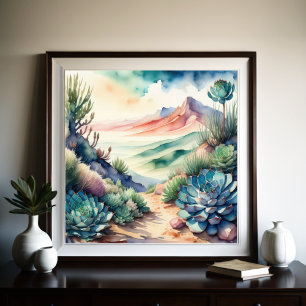 田園風景絵画砂漠の水色 ポスター