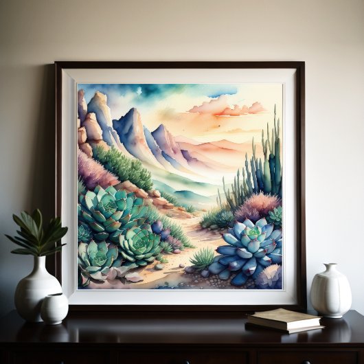 田園風景絵画砂漠の水色 ポスター