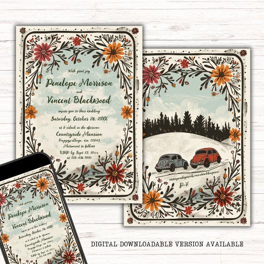 田舎かわいい車ボホフローラ結婚ズ 招待状