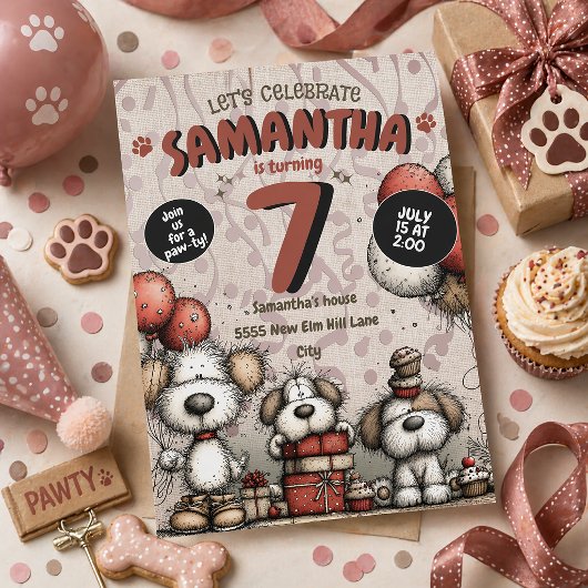 田舎っぽい子犬の女の子の7歳の誕生日 招待状