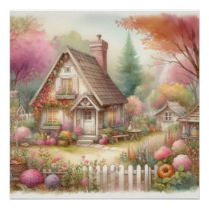 田舎のカントリーロッジの花の風景水彩画 ポスター