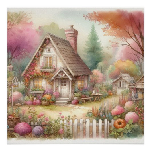 田舎のカントリーロッジの花の風景水彩画 ポスター (正面)