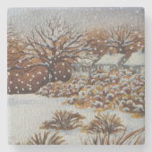 田舎のコテージスノーシーンオリジナル ストーンコースター (正面)