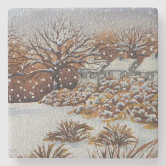 田舎のコテージスノーシーンオリジナル ストーンコースター (正面)