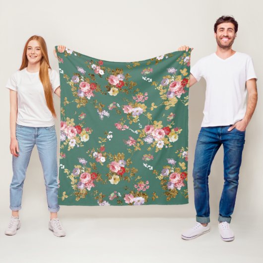 田舎のシックな森の緑のピンクの金ゴールドエレガントフローラ フリースブランケット (インサイチュ)