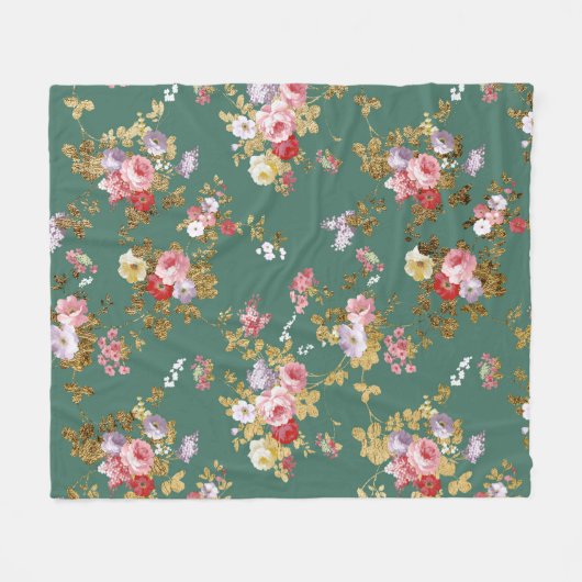 田舎のシックな森の緑のピンクの金ゴールドエレガントフローラ フリースブランケット (正面(横))