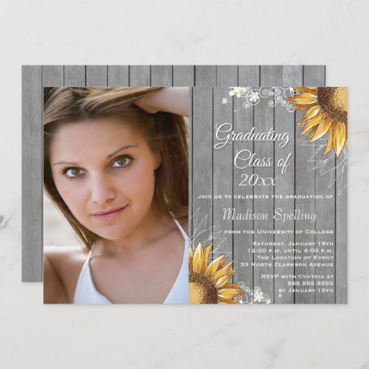 田舎のヒマワリ写真卒業パーティー 招待状 (正面/裏面)