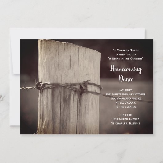 田舎のフェンスのポスト田舎の帰郷ダンス 招待状 (正面)
