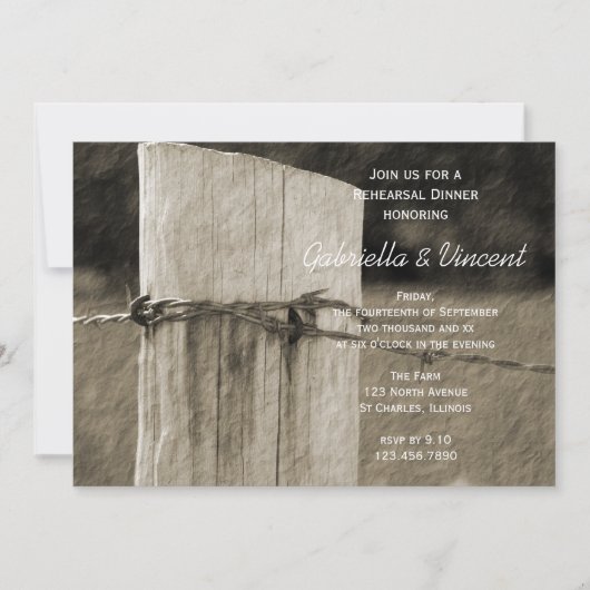田舎のフェンスポスト国の結婚式のリハーサルディナー 招待状 (正面)
