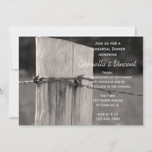 田舎のフェンスポスト国の結婚式のリハーサルディナー 招待状 (正面)
