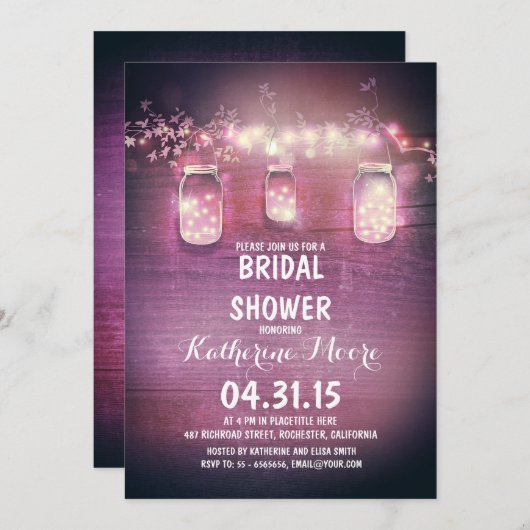 田舎のメイソンのジャーと弦の光のブライダルシャワー 招待状 (正面/裏面)