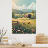 田舎のログキャビンと野の花の風景 ポスター (キッチン)