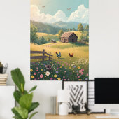 田舎のログキャビンと野の花の風景 ポスター (ホームオフィス)