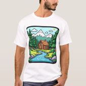 田舎のログキャビンと静かな森の自然 Tシャツ (正面)