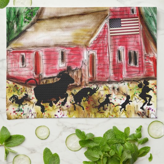 田舎の古い赤い納屋と動物 キッチンタオル (折り畳み)