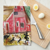 田舎の古い赤い納屋と動物 キッチンタオル (四つ折り)