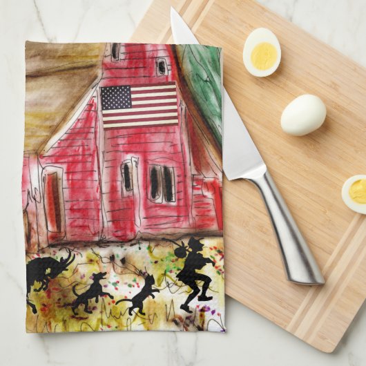 田舎の古い赤い納屋と動物 キッチンタオル (四つ折り)