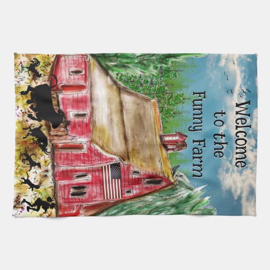 田舎の古い赤い納屋と動物 キッチンタオル (横)