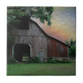 田舎の夕日の農場の風景を赤い納屋 タイル (正面)