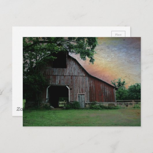 田舎の夕日の農場の風景を赤い納屋 ポストカード (正面/裏面)