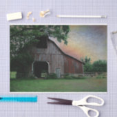 田舎の夕日の農場の風景を赤い納屋 薄葉紙