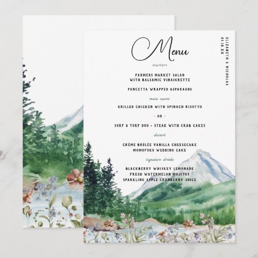 田舎の山の野の花 | ボヘミアンスタイルの結婚式メニュー メニュー (正面/裏面)