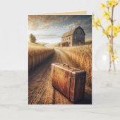 田舎の未舗装道路に古いスーツケース カード (黄色い花)