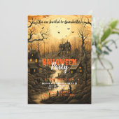 田舎の村のフクロウたちと夕焼けのハロウィンパーティー 招待状 (スタンド正面)